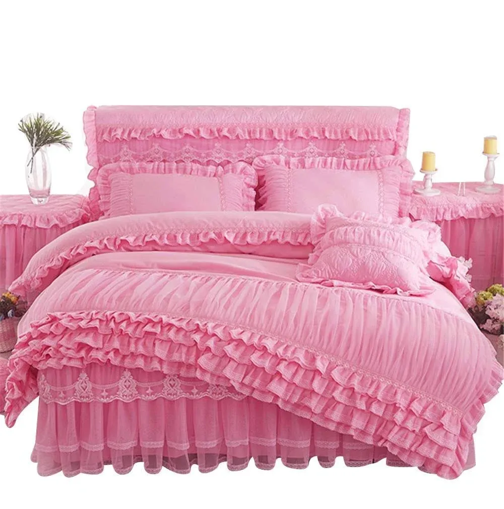 Lotus Karen Pink Princess Duvet Cover Set Full Size Ruffles with Lace Bedding Set ...