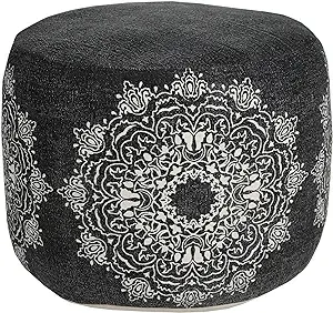 Nora Black/White Medallion Flatweave Organic Cotton Ottoman Pouf