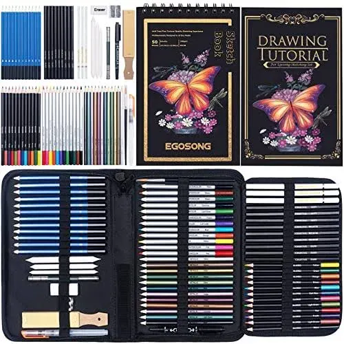 73 Drawing set Sketching kitPro Art Sketch Supplies with SketchbookTuto<wbr/>rialGr...