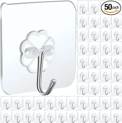 50 Packs Adhesive Hooks, Heavy Duty 22lb(Max) Wall Hooks for Hanging Key Cup Hat Coat Holder, Transparent Waterproof Sticky Hooks Wall Hangers for Kitchen Bathroom Shower Door Hanger Hooks