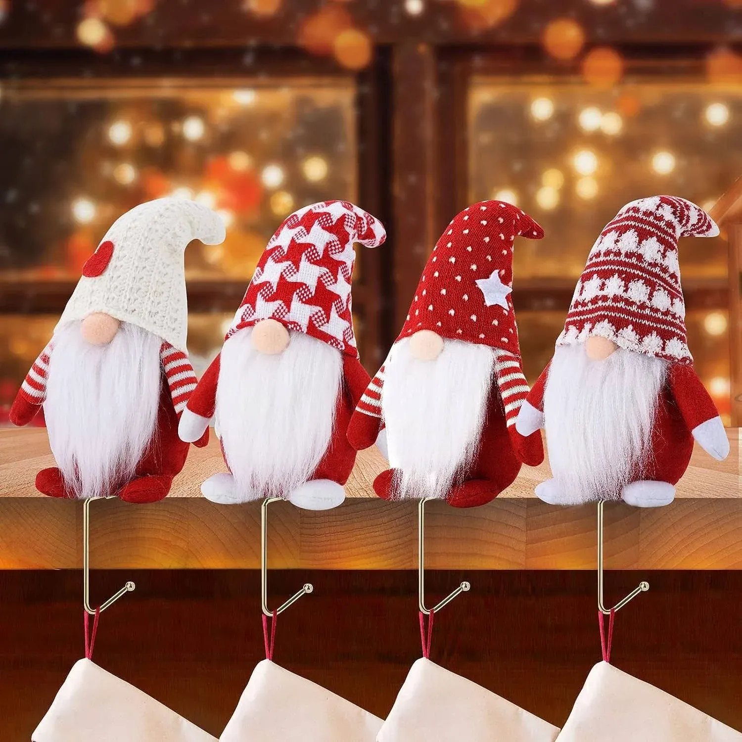 &#034;Enchanting Set of 4 Gnome Christmas Stocking Holders - Perfect for Festive Mant