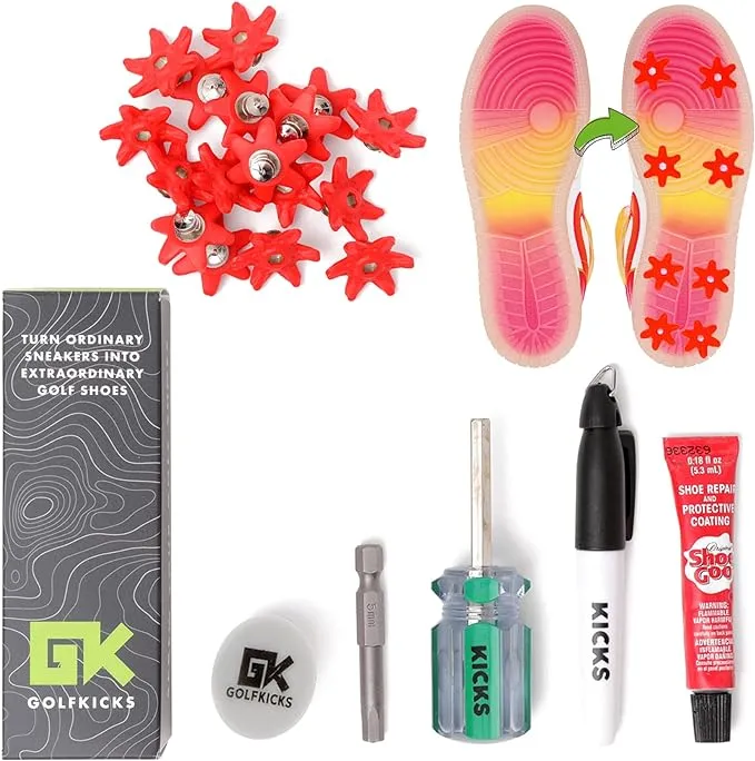 Golfkicks Golf Traction Kit for Sneakers with DIY Golf Spikes - Add Golf Cleats to Any Shoe 20 Count - As Seen on Shark Tank - Neon Red