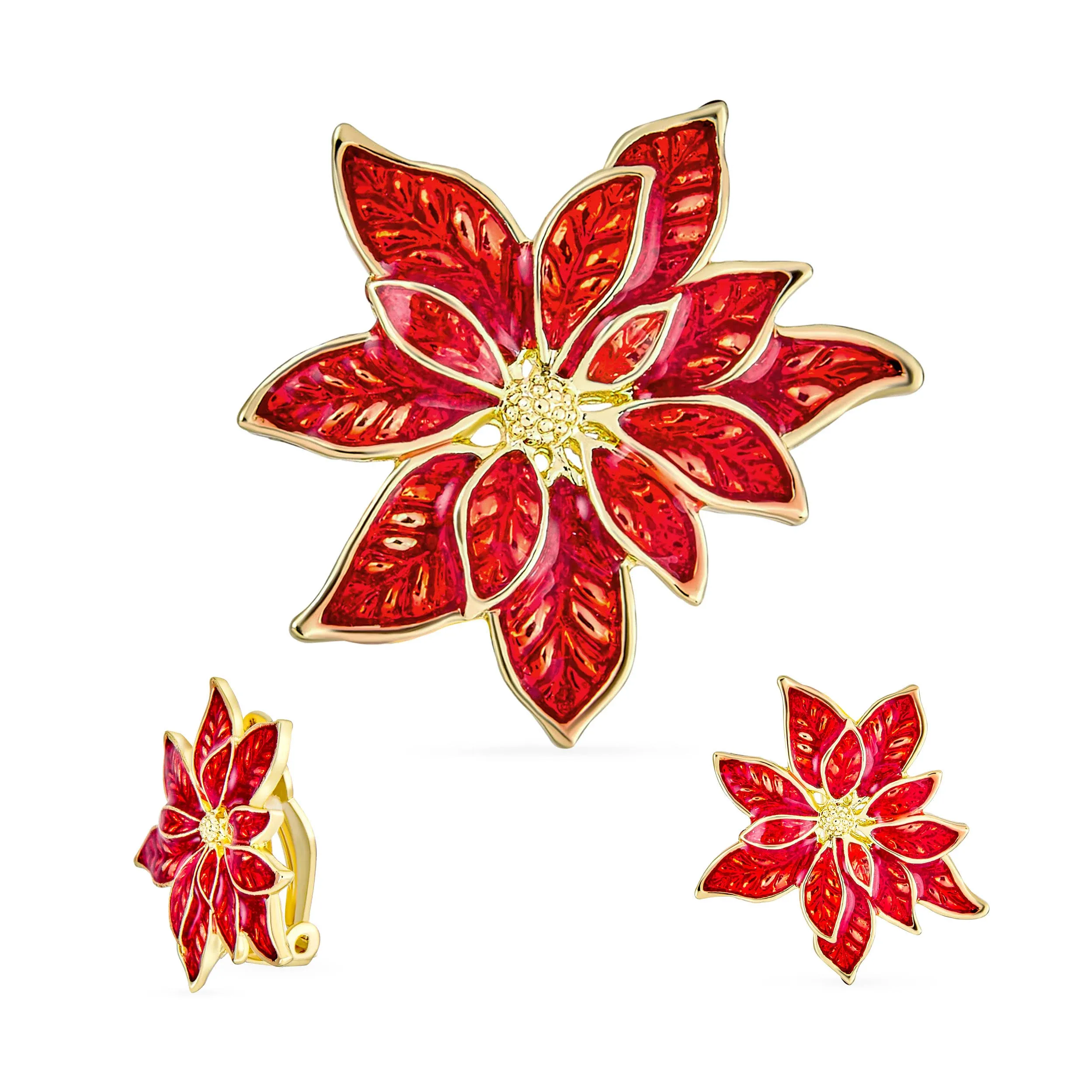 Bling Jewelry Large Statement Flower Holiday Party White Red Enamel Poinsettia ...