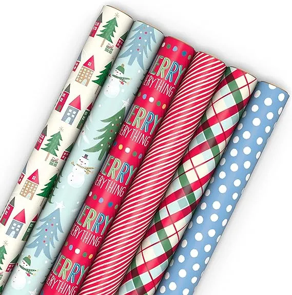 Hallmark Cute Recyclable Christmas Wrapping Paper (6 Rolls: 180 Sq. Ft. Total) Red, Blue, Green Plaid, Merry Everything, Colorful Houses, Snowmen and Trees, Dots, Stripes