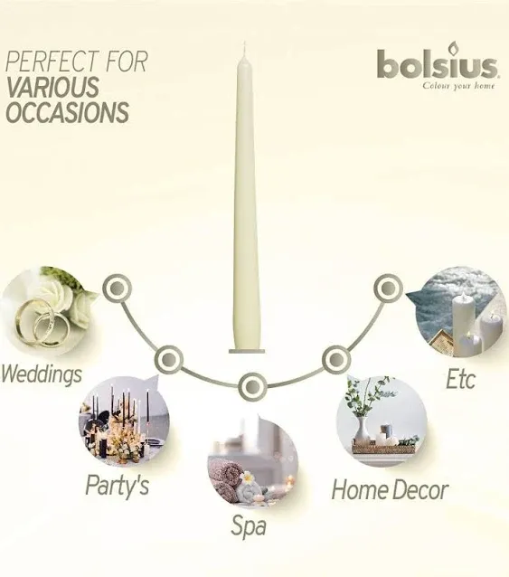 Bolsius 20 Count Unscented 10 inch Ivory Household Taper Candles - 8 Hours Burning Time - Premium European Quality - Smokeless Dripless Taper