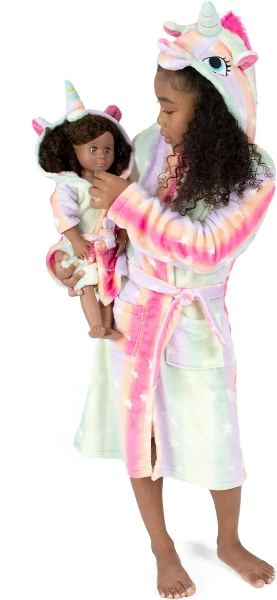 Leveret Kids Robe Matching Doll & Girls Fleece Sleep Robe Bathrobe Unicorn (2 Toddler-14 Years) *Fits American Girl Doll