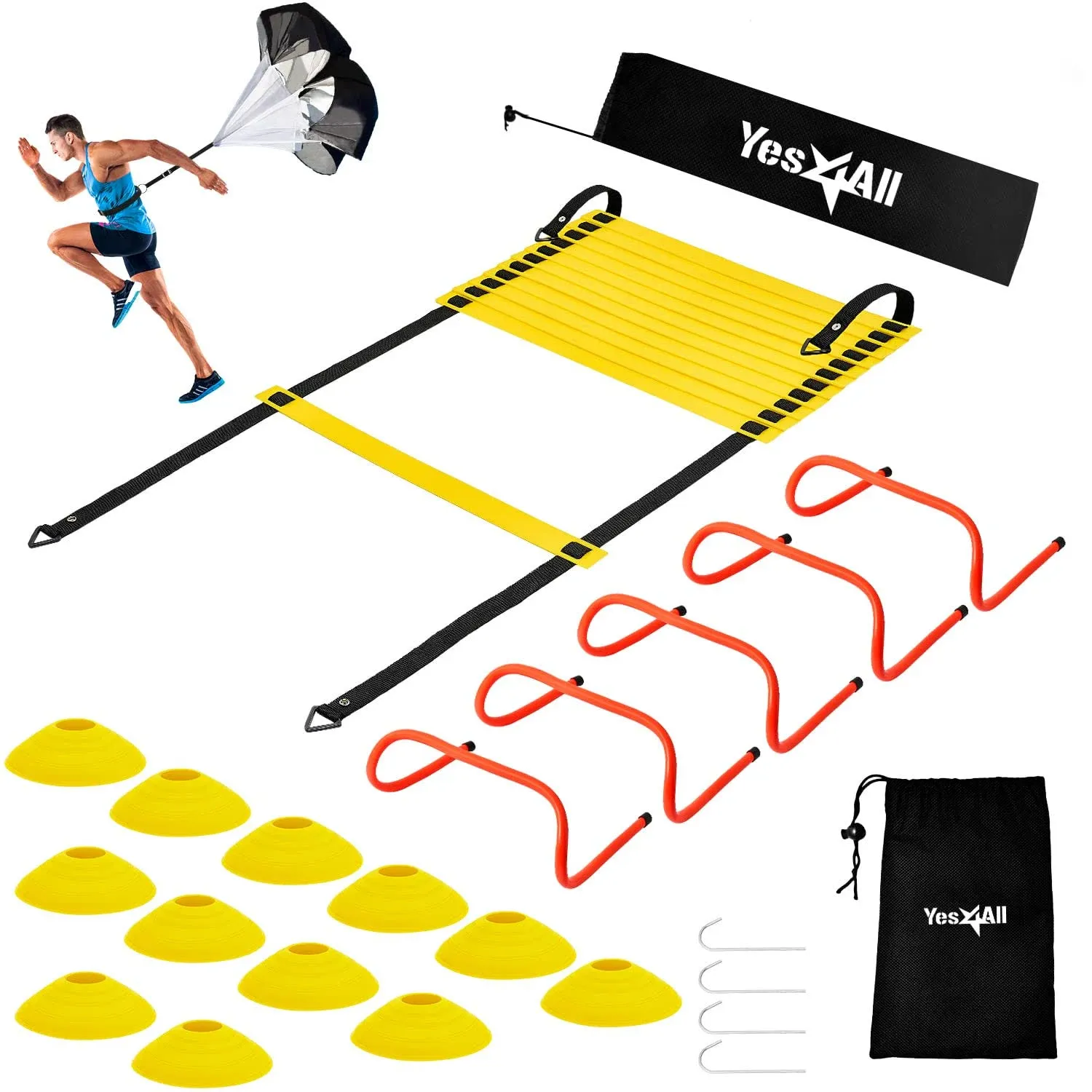 Yes4all Speed Training Equipment Set: 15ft Agility Ladder, Resistance Parachute ...