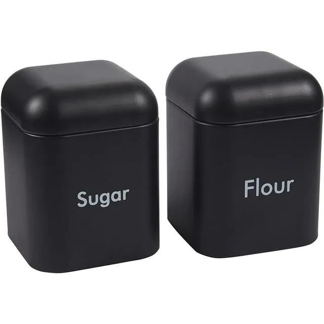 Set of 2 Black Flour and Sugar Canisters for Kitchen, Metal Containers for Storage (40 oz, 4.5 x 6 In)