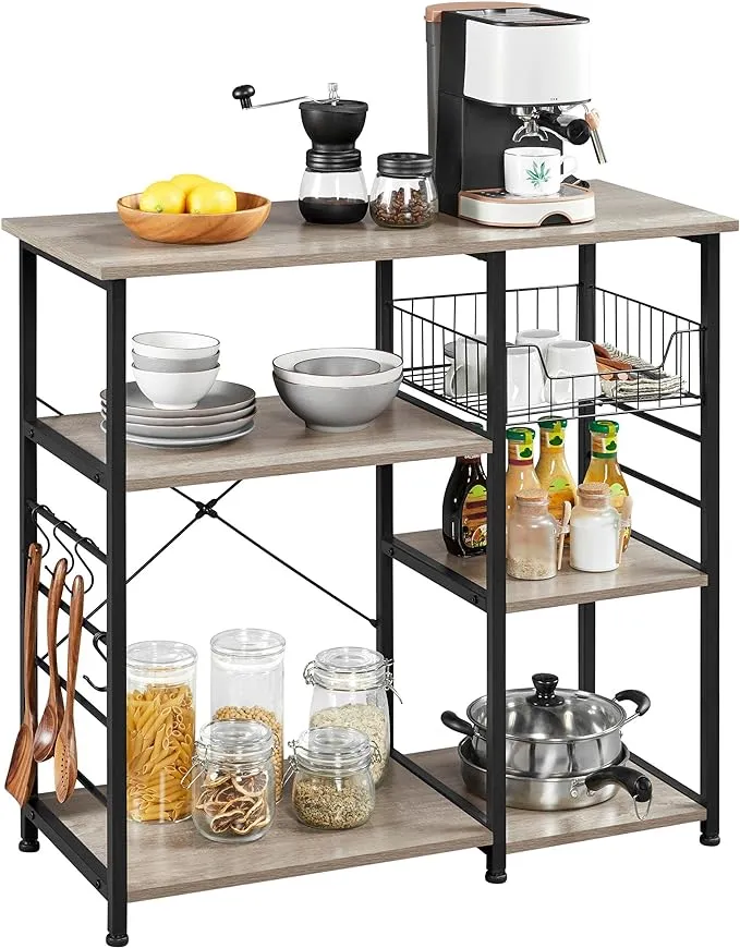 Yaheetech 4-Tier Kitchen Baker's Rack, Coffee Bar Microwave Stand Cart with Wire Basket & 6 Side Hooks, Kitchen Organizer Shelf for Spices/Utensils Foods, Rustic Brown