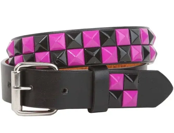 Kids 1&#034; Snap On Black &amp; Fuchsia Checkerboard Punk Rock Studded Leather Belt