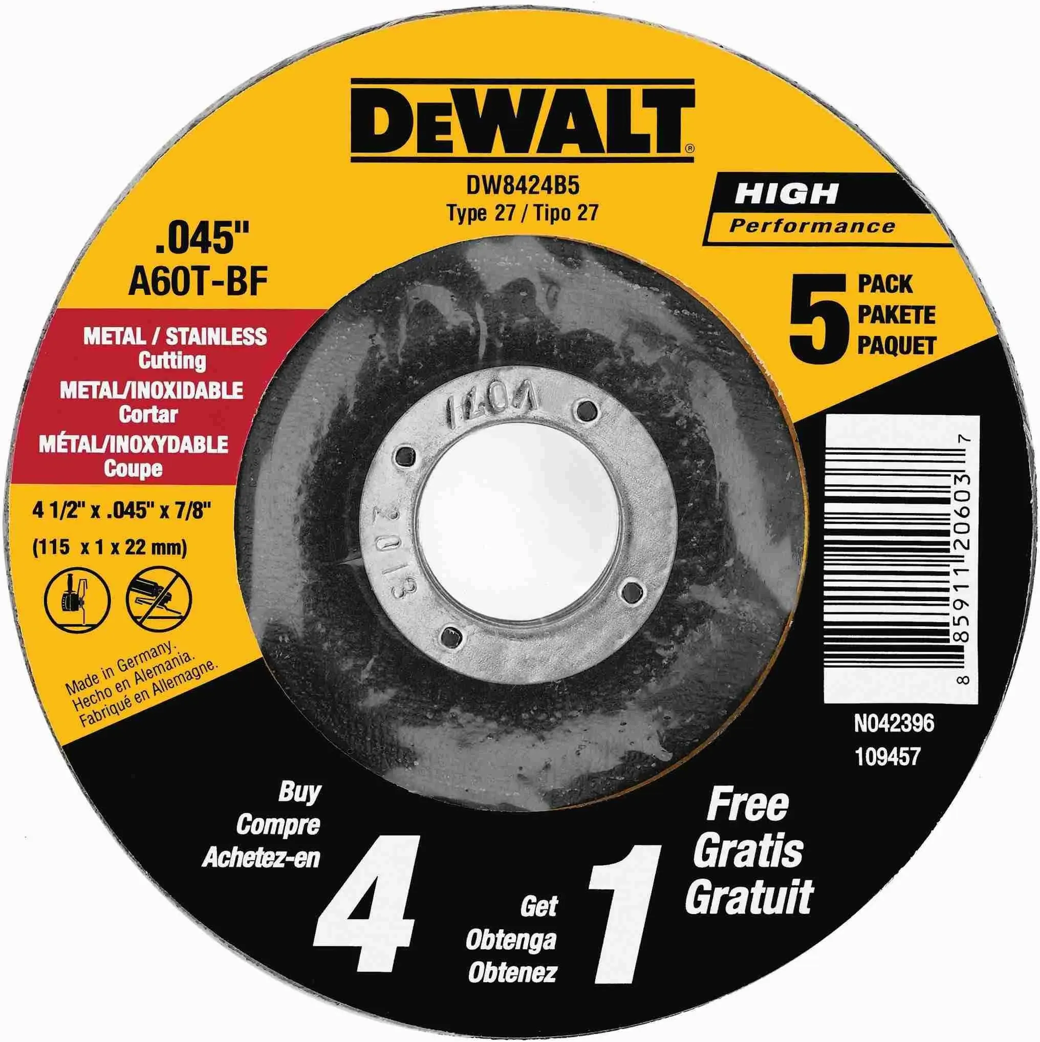 DeWalt DW8424B5 4-1/2" x .045" x 7/8" Metal Cutting Wheel 5 Pack