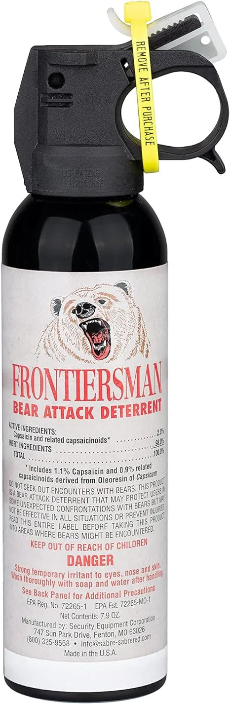 SABRE Frontiersman 7.9 fl oz. Bear Spray, Maximum Strength 2.0% Major Capsaicinoids, Powerful 30 ft. Range Bear Deterrent, Outdoor Camping & Hiking Protection, Quick Draw Holster & Multipack Options