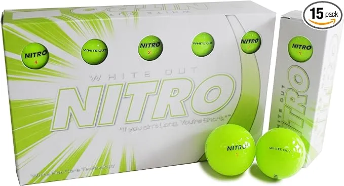 Nitro Long Distance Peak Performance Golf Balls (15PK) All Levels White Out 70 Compression High Velocity White Hot Core Long Distance Golf Balls USGA Approved-Total of 15-Yellow