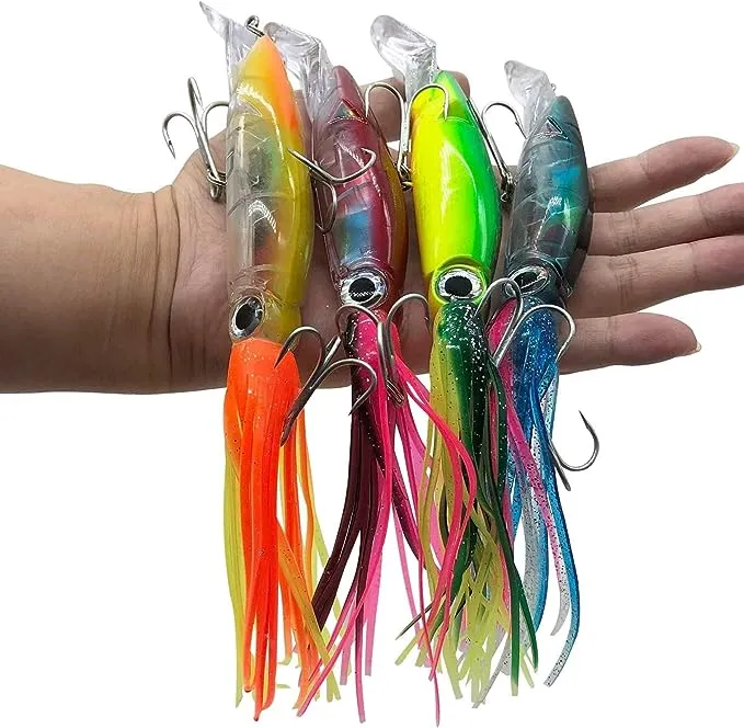 5 PCS Big Ear Squid Soft Bait, Wide-Thin fin Octopus Fake Bait, 6 in/ 20g, 3D Holographic Eyes，Luminous Bait，Beautifully Painted