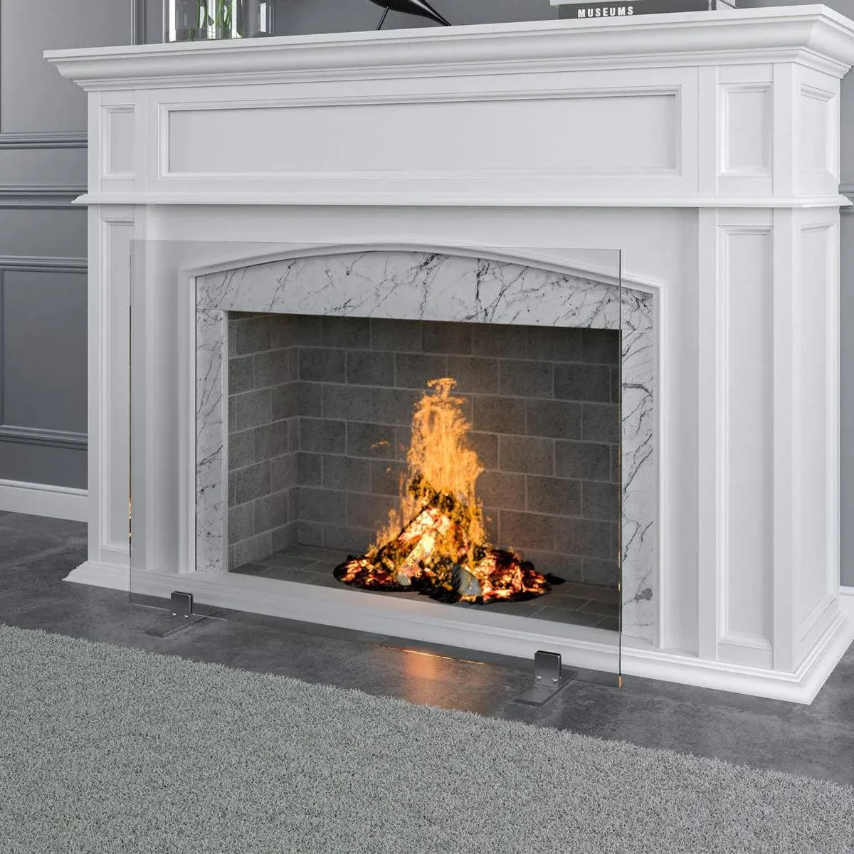 Barton 36in x 27in Panel Fireplace Screen Free Standing Fire Place Decorative Tempered Glass Guard Fence Clear