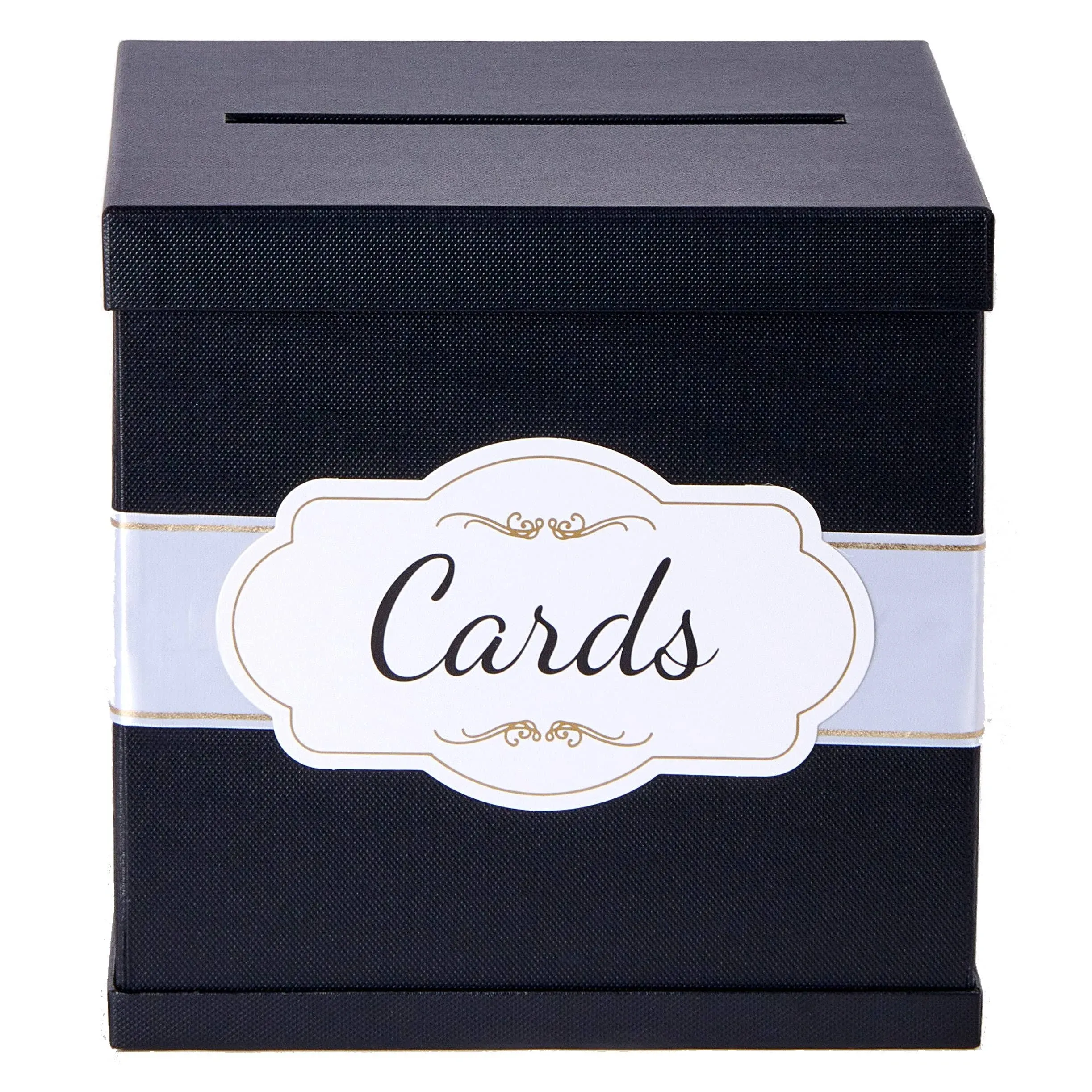 Black Gift Card Box - White &amp; Gold Satin Ribbon &amp; Cards Label 10&#034;x10&#034; Large - Me