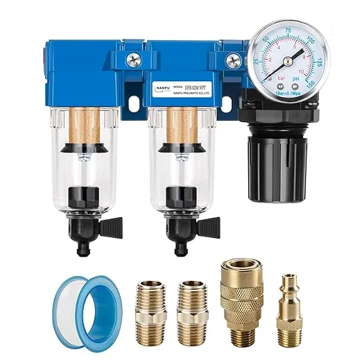 NANPU 1/4" NPT Compressed Air Filter Regulator Lubricator Combo, Water/Oil Trap Separator - Gauge(0-150 psi), Poly Bowl, Semi-Auto Drain, Bracket