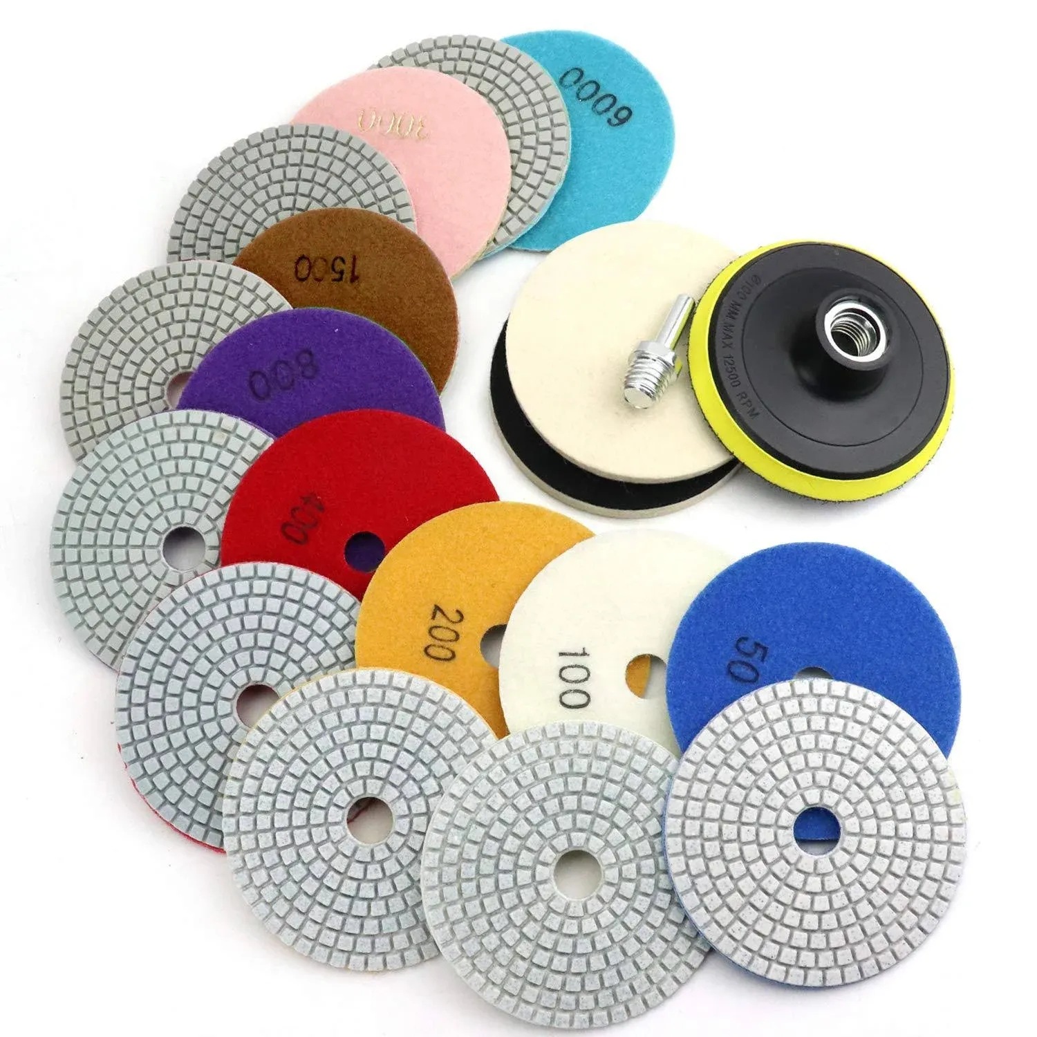 4 Inch Diamond Polishing Pads with 5/8’’-11 Backer Pad, 12PCS Wet/Dry Granite