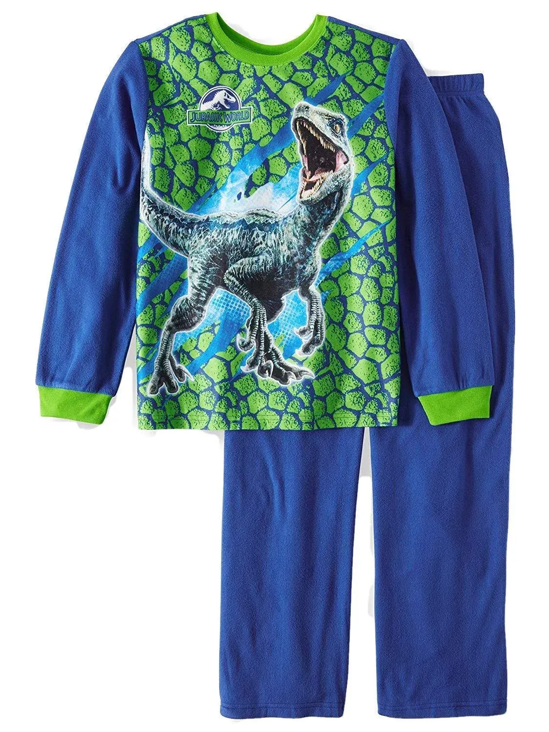 Boys Jurassic Park Dinosaur Raptor Blue Brushed Flannel Pajama Set, Size 4-5