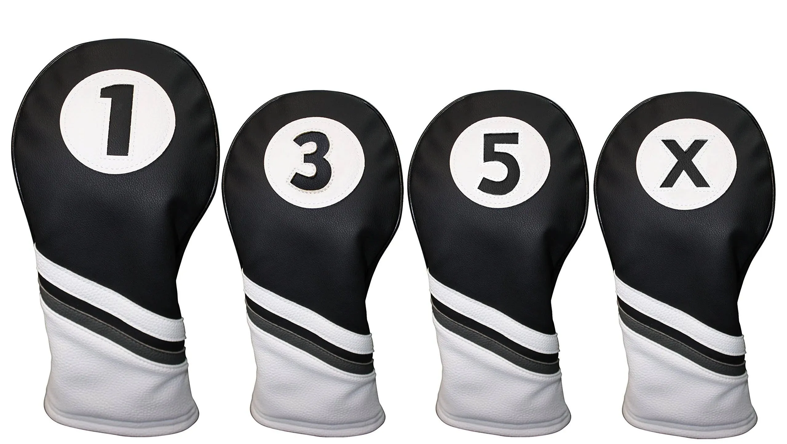 Majek Golf Headcover Black &amp; White Leather Style 1 3 5 X Driver and Wood Covers