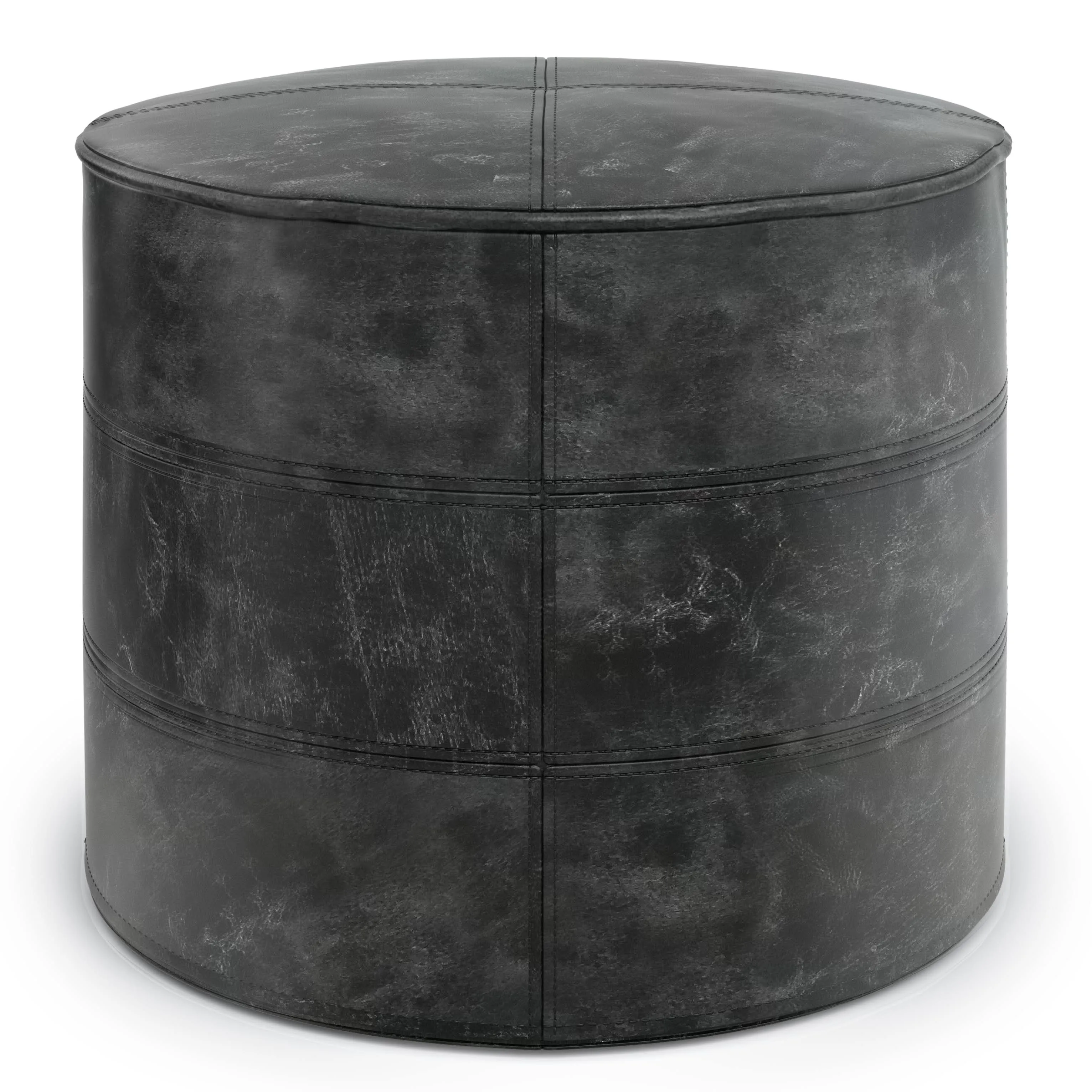 Simpli Home Connor Genuine Leather Round Pouf in Distressed Black