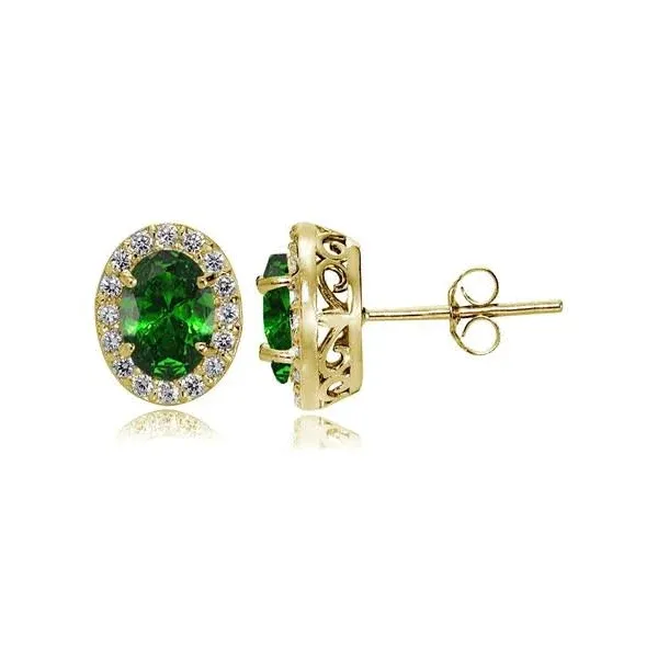 Yellow Gold Flashed Sterling Silver Created Emerald and Cubic Zirconia Accents Oval Halo Stud Earrings