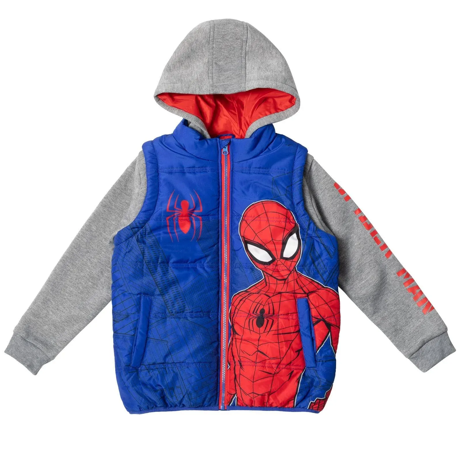 Marvel Spider-Man Little Boys Zip Up Vest 2fer Jacket Toddler to Big Kid