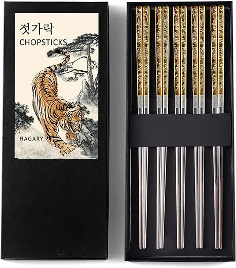 Hagary Tiger Metal Reusable Chopsticks Gold / 5