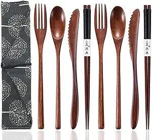 Reusable Wooden Utensils for Eating 8 Pcs Travel Wooden Spoons Forks Chopsticks Cutlery Set with Case Lunch Utensils Silverware Set for Lunch Portable Wood Flatware Set for Eating