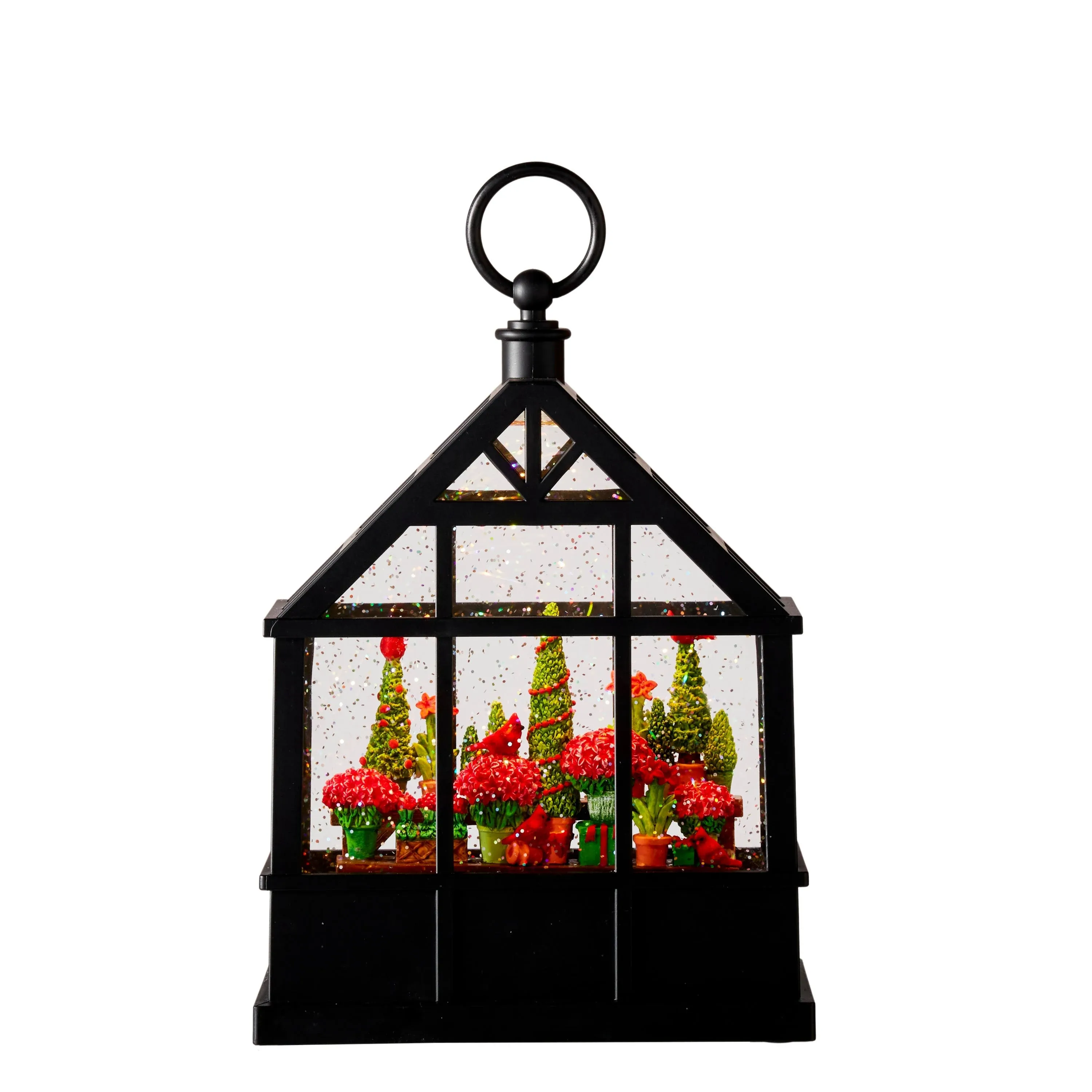 Raz Imports 9.5" Christmas Flowers and Cardinals Lighted Water Greenhouse Lantern