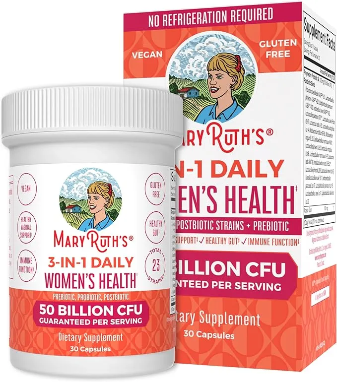 MaryRuth's Cápsulas de Salud Diaria para Mujeres 3 en 1 Suplemento para la Salud Intestinal de las Mujeres Probióticos Vaginales y Apoyo Inmunológico 21 Cepas Probióticas Prebióticas y Posbióticas Vegano sin Gluten 30 Cuentas