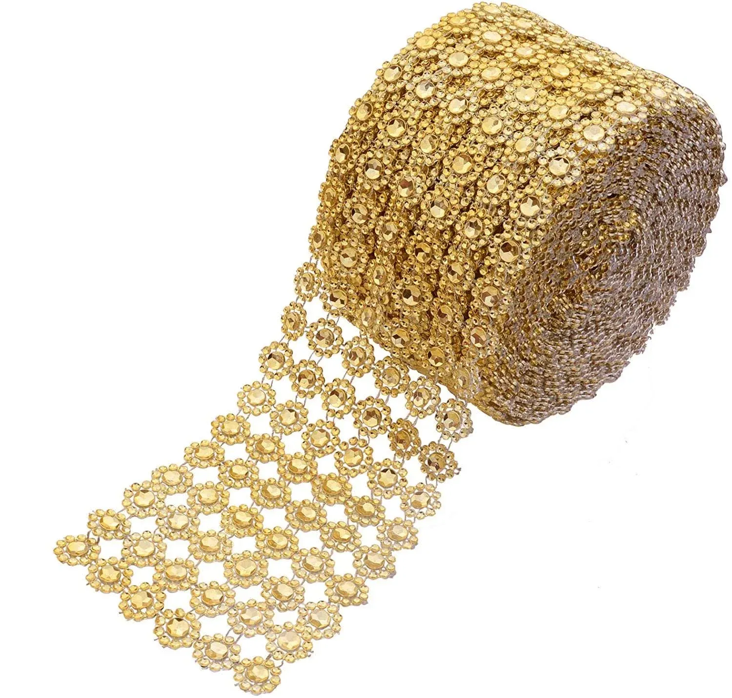 Crafts Faux Diamond Bling Wrap 4&#034; x 10 Yards 6 Rows Gold Flower Pattern Faux ...