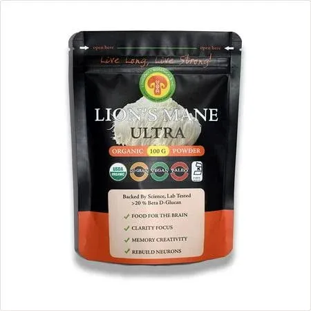 Longevity Botanicals Organic Lions Mane Mushroom Powder - Ultra Concentrated Lions Mane Mushroom Supplement - Promotes Mental Clarity, Focus and Memory - 100% Fruiting Body - 100 Grams