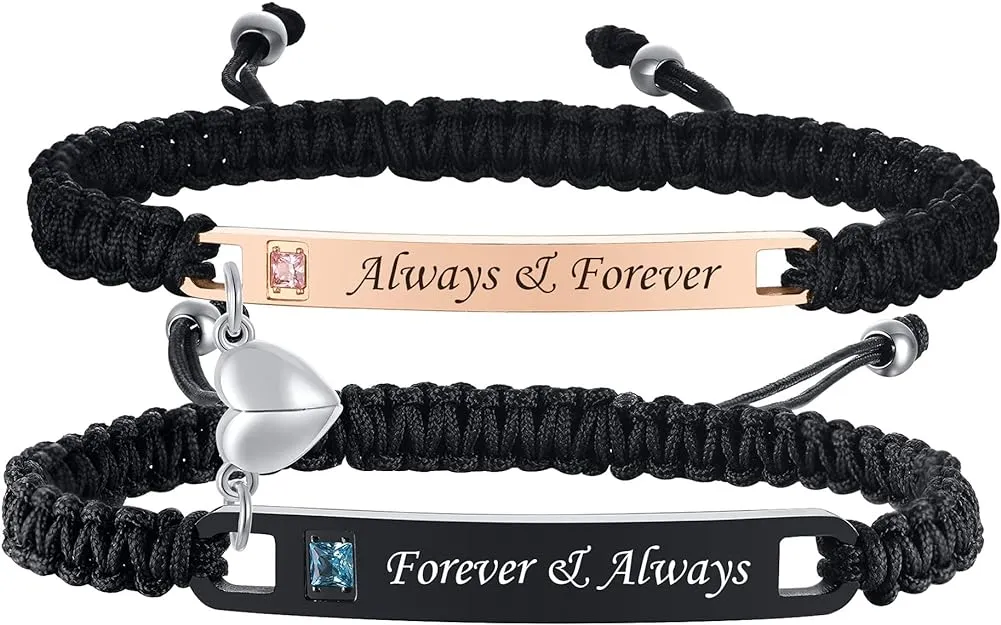 MPRAINBOW Personalized Matching Couples Bracelet - Custom Name Promise Words Engraved Bracelets Attraction Relationship Bracelets for Him and Her