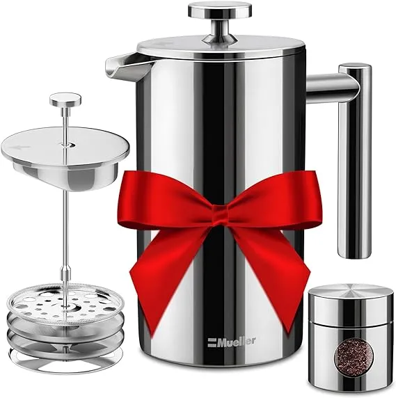 Mueller French Press Double Insulated 310 Stainless Steel Coffee Maker 4 Level Filtration System, No Coffee Grounds, Rust-Free, Dishwasher Safe