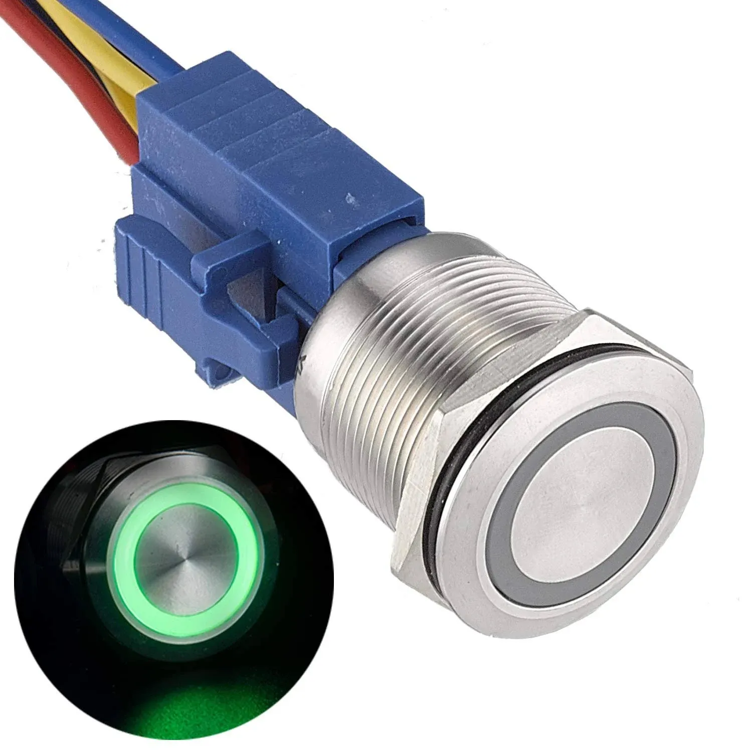 APIELE 22mm Momentary Push Button Switch 12V Angel Eye LED Waterproof Stainless Steel Round Metal Self-Reset 7/8'' 1NO 1NC with Pigtail (Green)