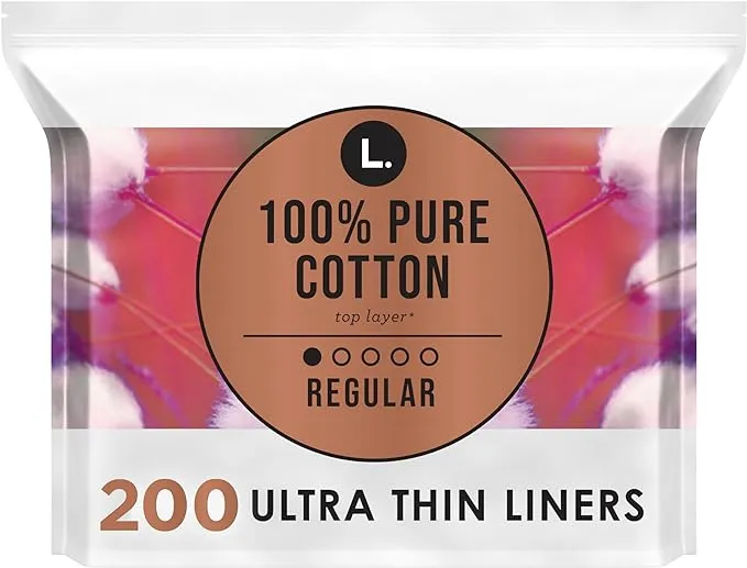 L. Pure Cotton Topsheet Panty Liners for Women, Regular Absorbency, Panty Liners Unscented, Chlorine Free, 100 Count x 2 Packs (200 Count Total)