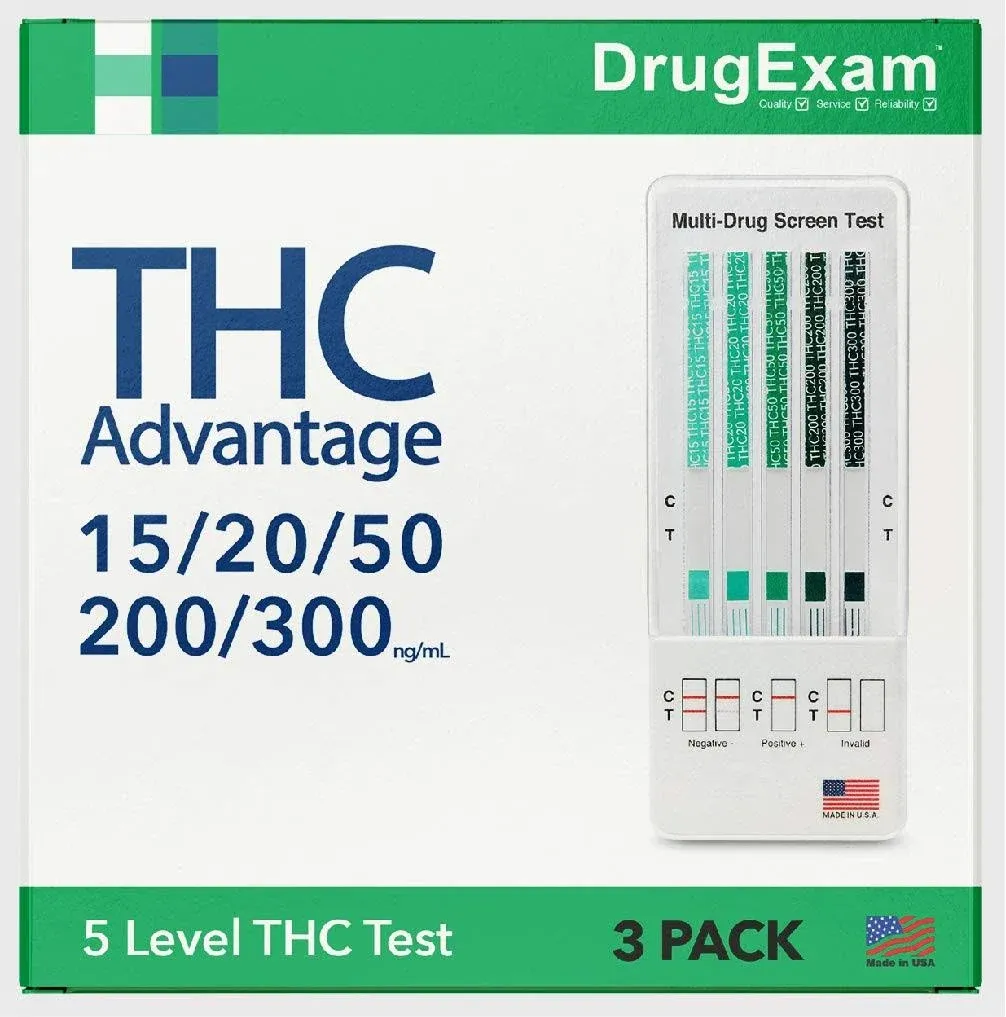 5 Pack - DrugExam THC Advantage Made in USA Multi Level Marijuana Home Urine Test Kit. Highly Sensitive THC 5 Level Drug Test Kit. Detects at 15 ng/mL, 20 ng/mL, 50 ng/mL, 100 ng/mL and 200 ng/mL.