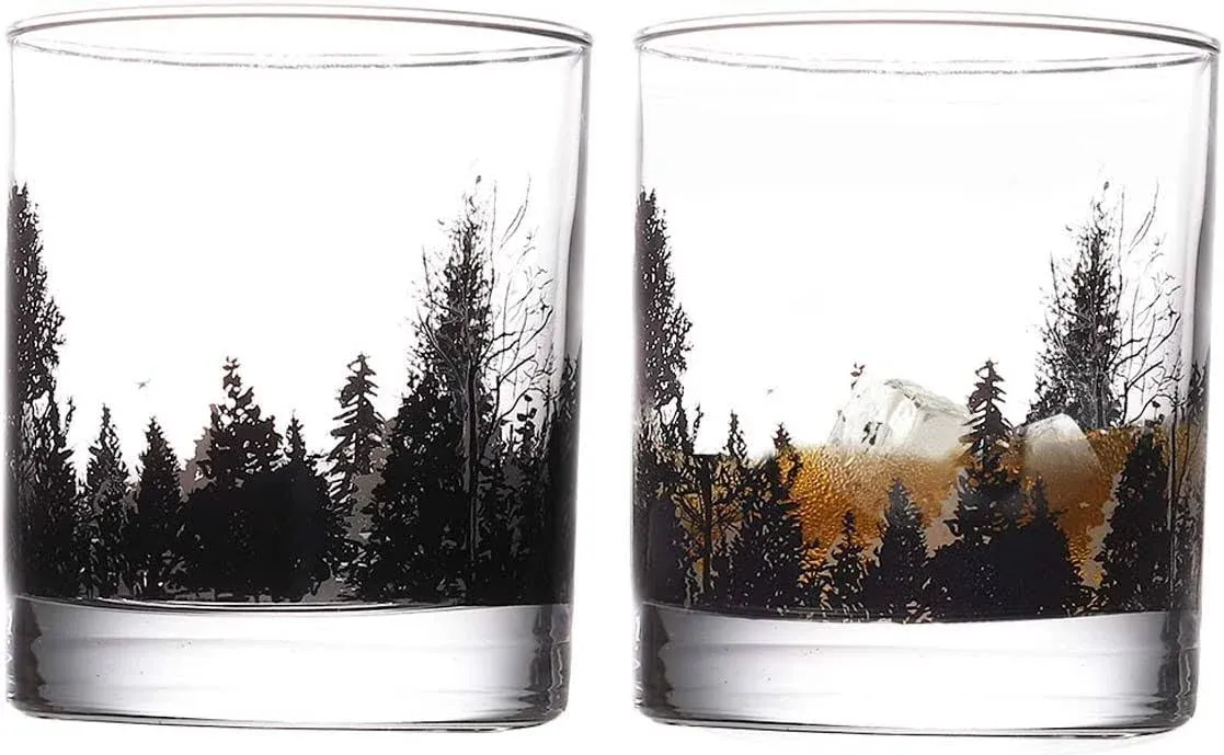 Bourbon Glasses TOOWELL Whiskey Glass Set of 2 Forest Landscape Handmade Heavy ...