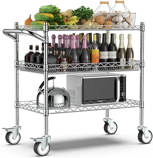 Leteuke Heavy Duty 3 Tier Rolling Utility Cart,NSF Certified Rolling Carts with Wheels,Commercial Grade Metal Cart with Handle B