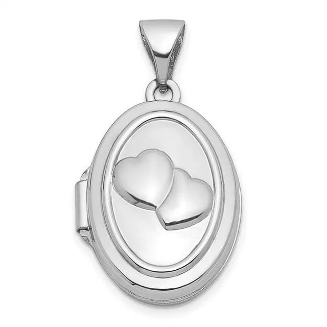 Solid 14K White Gold 17mm Double Hearts Oval Locket