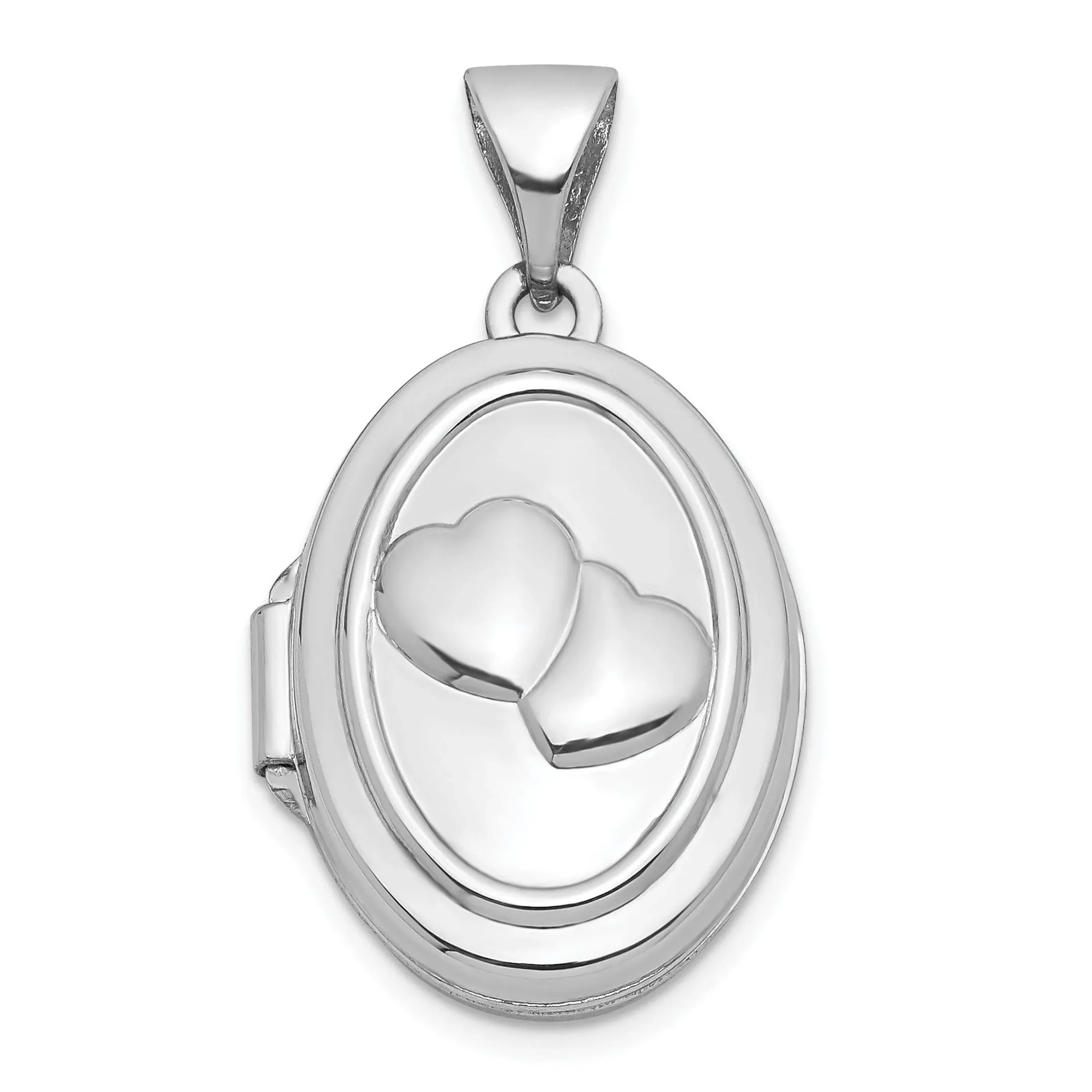 14K White Gold 17 mm Double Hearts Oval Locket Pendant