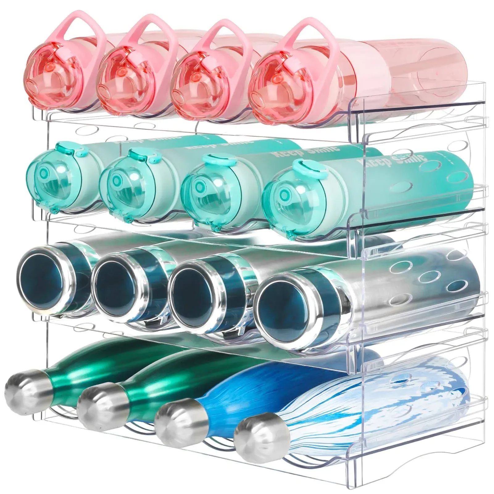 Water Bottle Organizer for Cabinet, Stackable Water Bottle Storage Rack for Kitchen Organization, Pantry Organizers and Storage, Wide Bottle Holder for Fridge, Drinks -4 Tiers for 16 Bottle