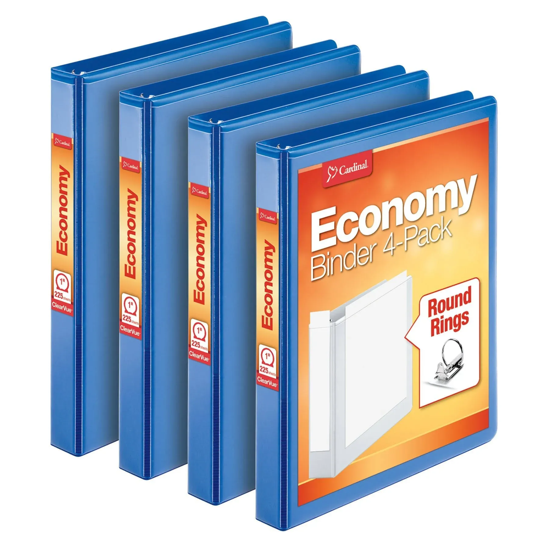 Cardinal Economy 3 Ring Binder, 1 inch, Presentation View, Blue, Holds 225 Sheets, Nonstick, PVC Free, 4 Pack of Binders (79511)