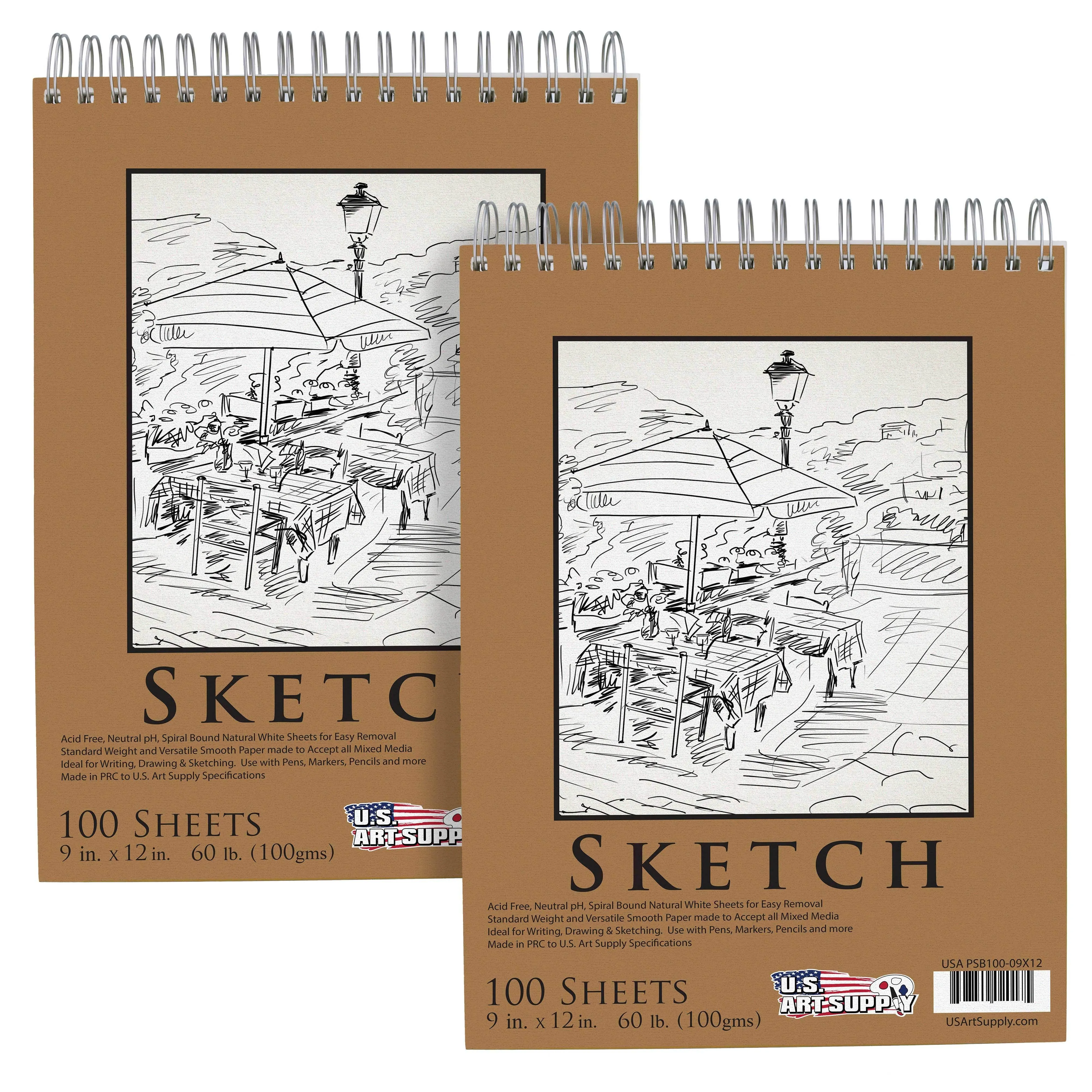 U.S. Art Supply 9" x 12" Premium Spiral Bound Sketch Pad, Pad of 100-Sheets, 60 ...