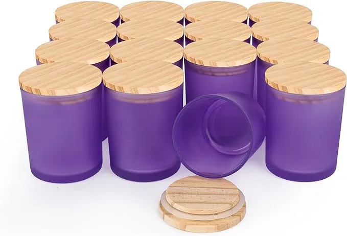 SHOWIN Thick Candle Jars for Making Candles 16 Pcs, 7 OZ Empty Jars with Wood Lids for Candle Making, Sample Container, Frosted Purple