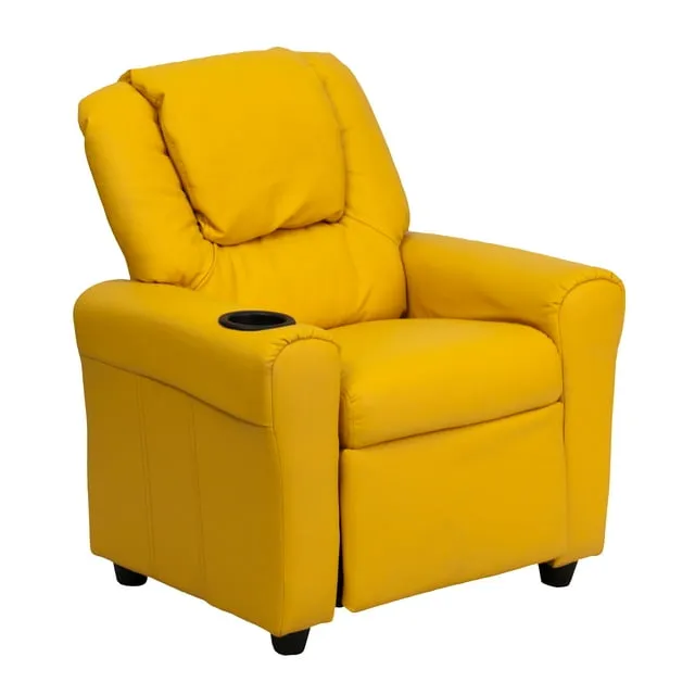 Emma + Oliver Yellow Vinyl Kids Recliner with Cup Holder and Headrest