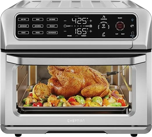 Chefman Air Fryer Toaster Oven Combo with Probe Thermometer, 12-In-1 Stainless Steel Convection Oven Countertop, 10 Inch Pizza, 4 Slices of Toast, Cooking, Baking, Toasting, Roaster Oven Airfryer 20QT