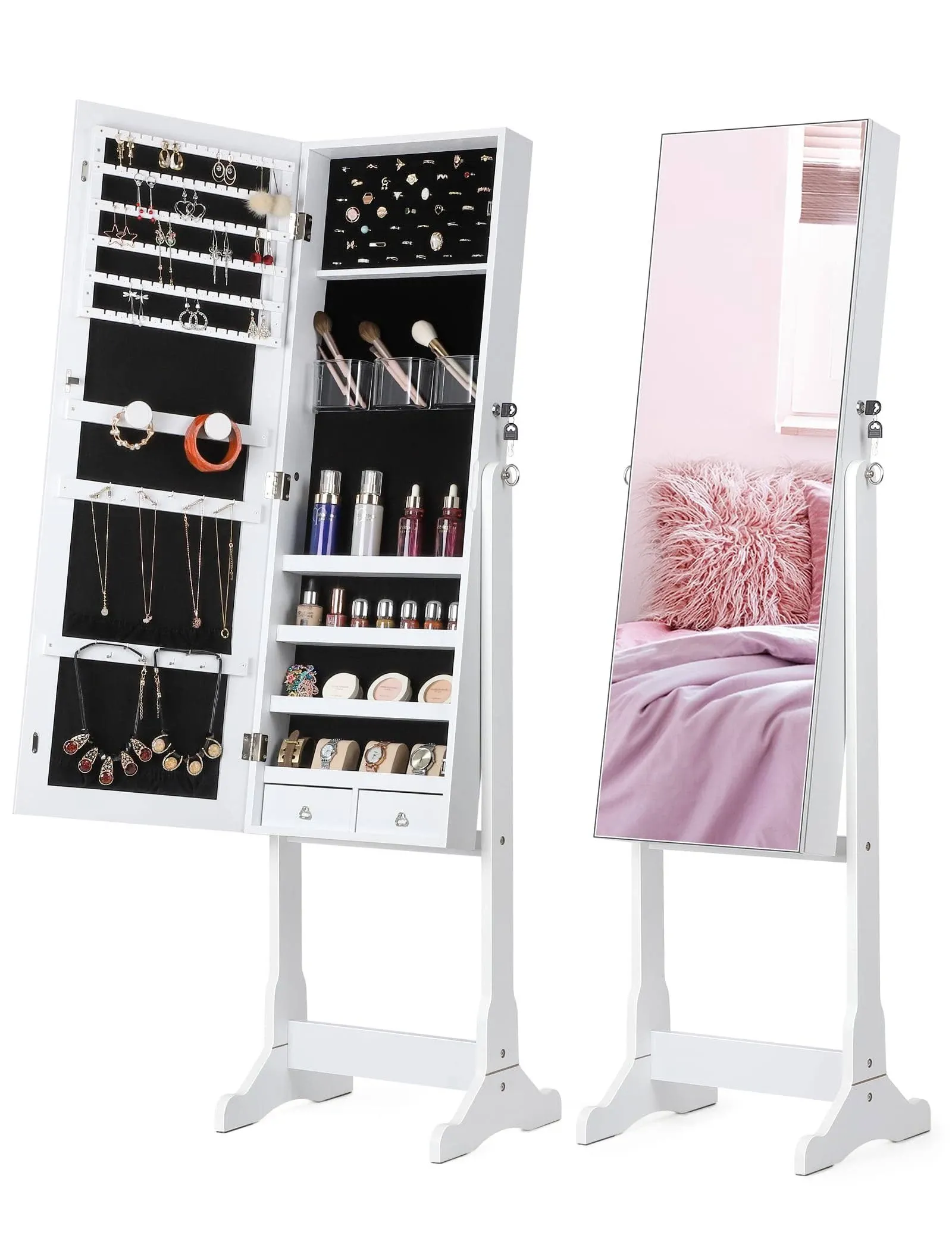 Nicetree Jewelry Cabinet with Full-Length Mirror, Standing Lockable Jewelry ...