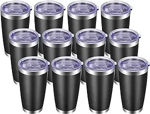 VEGOND 20oz Tumbler with Lid and Straw Stainless Steel Tumbler Cup Bulk Vacuum Insulated Double Wall Travel Coffee Mug Powder Coated Coffee Cup, Black 12 Pack